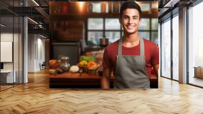 Cheerful young man wearing an apron in a well-equipped home kitchen with fresh ingredients on the counter. Wall mural