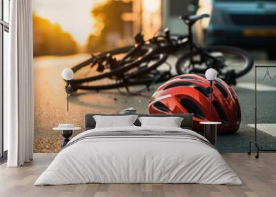 Close - up photo, of a little kid bicycling helmet fallen on the asphalt next to a kid's bicycle after car accident on the street in the city  Wall mural