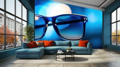 Edge of black sunglass close up, blue bokeh background Wall mural