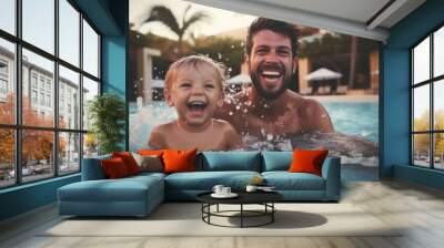 Father with his child playing in the pool Wall mural