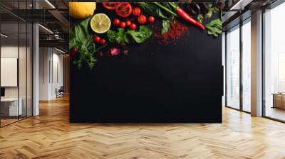 Fresh vegetables on black background. Variety of raw vegetables. Colorful various herbs and spices for cooking on dark background, copy space, banner Wall mural