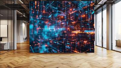 Futuristic abstract representation of interconnected glowing data nodes and digital pathways, evoking themes of technology and information networks. Wall mural