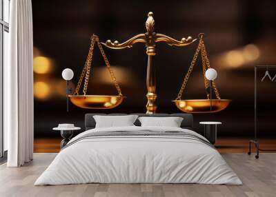 Shiny golden balanced scale on a table as concept justice and fairness  Wall mural