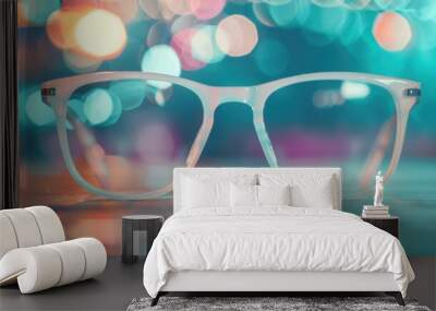 Stylish white eyeglasses rest on a table with colorful city lights blurred in the background Wall mural