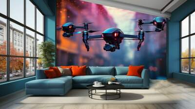 Three black drones fly over blur small town Wall mural