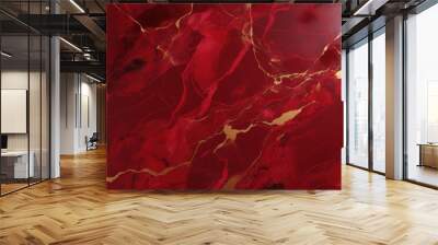 Vibrant red marble with striking gold fissures, ideal for bold and luxurious design elements. Wall mural