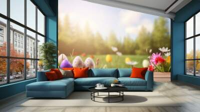 Wooden table with easter eggs and blurred spring meadow background Wall mural