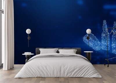 Futuristic  medical technology background with glowing low polygonal vial and syringe with medicament on dark blue background. Modern wireframe mesh design illustration. Covid-19 vaccine concept Wall mural