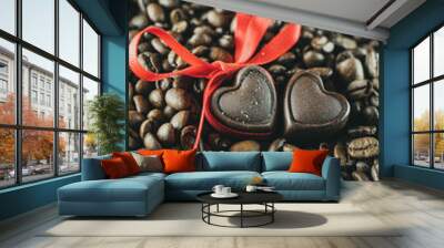 

Two heart shaped chocolates isolated on a bean background. Coffee bean background. Food background. Valentine's day gift. Wall mural