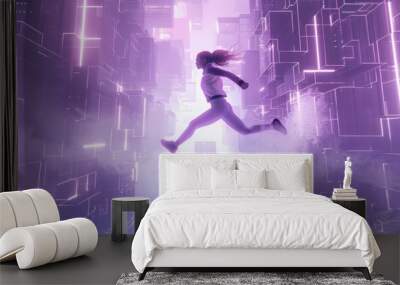 Futuristic Woman Leaping Through Neon Digital Cityscape Wall mural