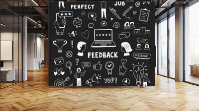 Feedback vector icons on blackboard. Hand drawn doodle illustrations, symbols and elements. Customer service signs Wall mural