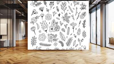 Flowers hand drawn vector set on white background. Outline blossoms and floral plants illustrations Wall mural