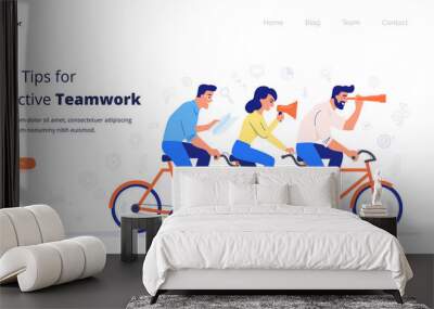 A team of three business people riding a bike. Partners work together to achieve common goals. Teamwork vector concept. Wall mural