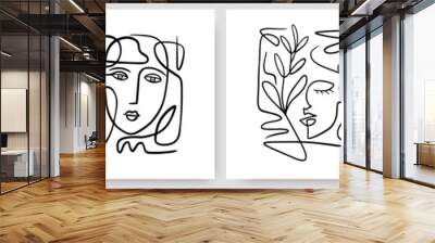 contemporary abstract faces in one line art style on colorful shapes. Wall mural