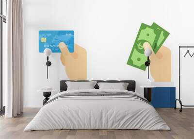 Hand holding debit credit card and cash - vector illustration. Wall mural