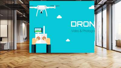 remote aerial drone with a camera taking photography or video recording . vector art on isolated bac Wall mural