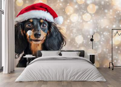 Adorable dog wearing a Santa hat during a festive holiday celebration with twinkling lights Wall mural