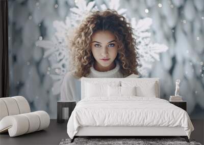 Beautiful young woman reading a book, winter scene, Christmas atmosphere  Wall mural