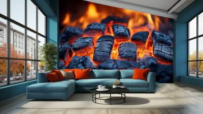 Captivating close-up of burning firewood in a cozy fireplace setting Wall mural