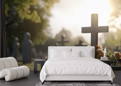 Cemetery with a grave marker and cross engraved on it Wall mural