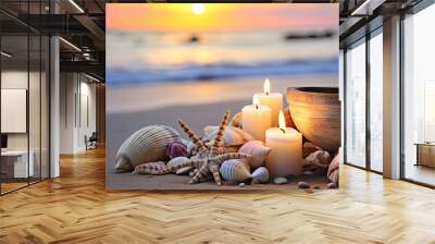 Cozy candles with flowers at the beach Wall mural