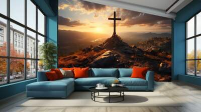 Cross on the hill stone , sunset rays Wall mural