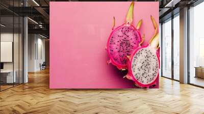 Halved dragon fruit on pink background Wall mural