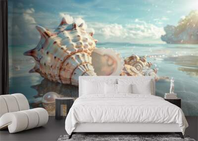 Large Conch Shell on a Sandy Beach Wall mural