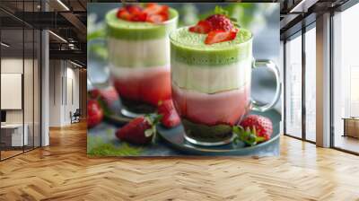 Layered Matcha Strawberry Latte With Fresh Strawberries Wall mural