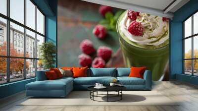 Matcha Frappuccino With Whipped Cream and Raspberries Wall mural