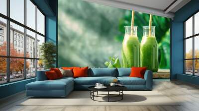 Two Bottles Filled With Green Smoothie on Table Wall mural