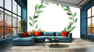 Watercolour branch with leaves and berries arranged in a circle  frame. Wall mural