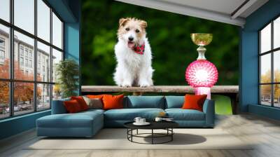 Cute happy dog with a winner trophy and ribbon, successful competition background Wall mural