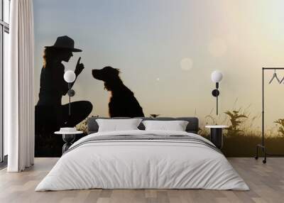 silhouette of a female as training her dog - website banner Wall mural