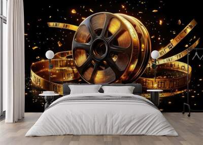 3D illustration of a golden film reel with cinema elements on a dark background, Wall mural