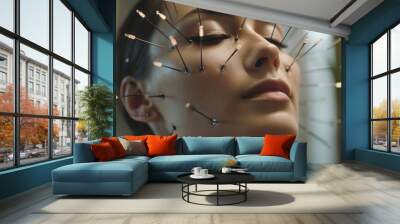 A beautiful woman having facial treatment with acupuncture needles in a beauty clinic Wall mural