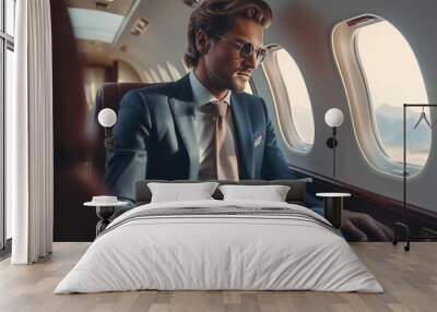 A businessman in a private plane, looking out the window Wall mural