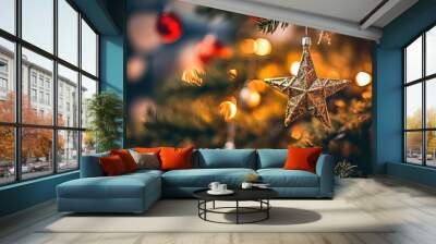 A christmas tree with a star and red ornaments Wall mural