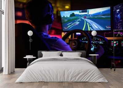 A gamer with a headset playing car racing with a steering wheel controller Wall mural