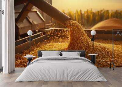 A harvester pouring freshly harvested corn maize seeds or soybeans into a container trailer during the morning sunshine Wall mural