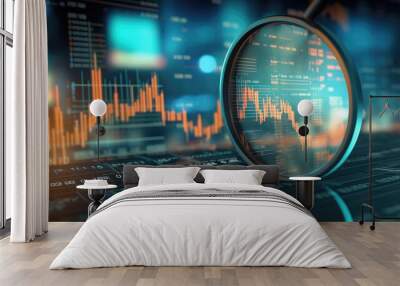 A magnifying glass placed next to a backdrop of business documents, accounting graphs, and stock charts Wall mural