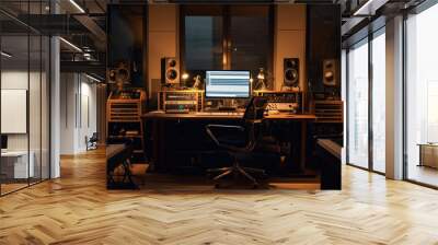 A modern recording studio with music production equipment, a sound mixing console, and a digital control panel converge Wall mural