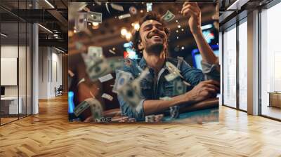 Celebrating Jackpot, Joyful Man Triumphs at Poker Table Wall mural