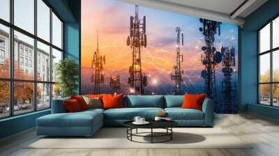 City View with Communication Towers and Glowing Lines Wall mural