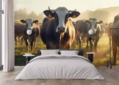 Close - up of a herd of bulls feeding on a green field in the morning Wall mural