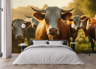 Close - up of a herd of bulls feeding on a green field in the morning Wall mural