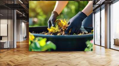 Close-Up of Woman Adding Organic Waste to Home Compost Bin for Backyard Gardening Wall mural