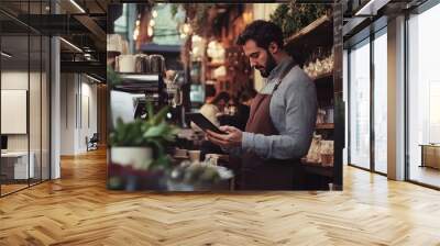 Colleagues Working on Tablet in a Modern Cafe Setting Wall mural