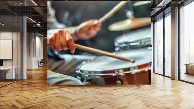 Drummer’s Hands Using Sticks on Drum Kit Wall mural