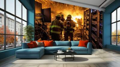 Firefighters are putting out the burning server room Wall mural